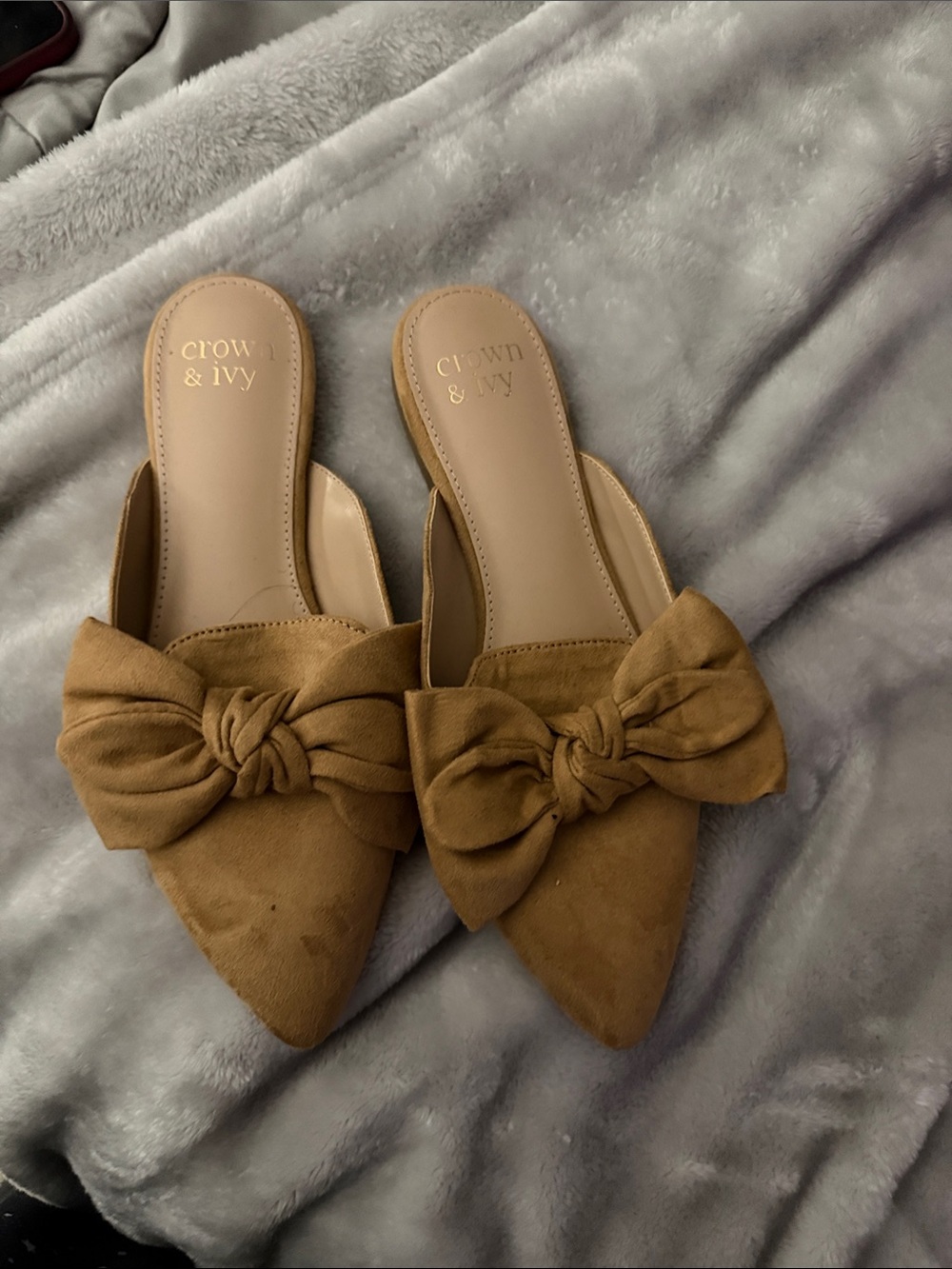 crown & ivy Tan Pointed Bow Slip-On Mules
